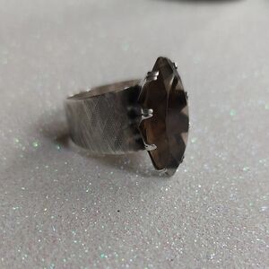 Sterling Silver Smokey Quartz Ring. Diamond Shape, Wide Etched Band. Size 7.5